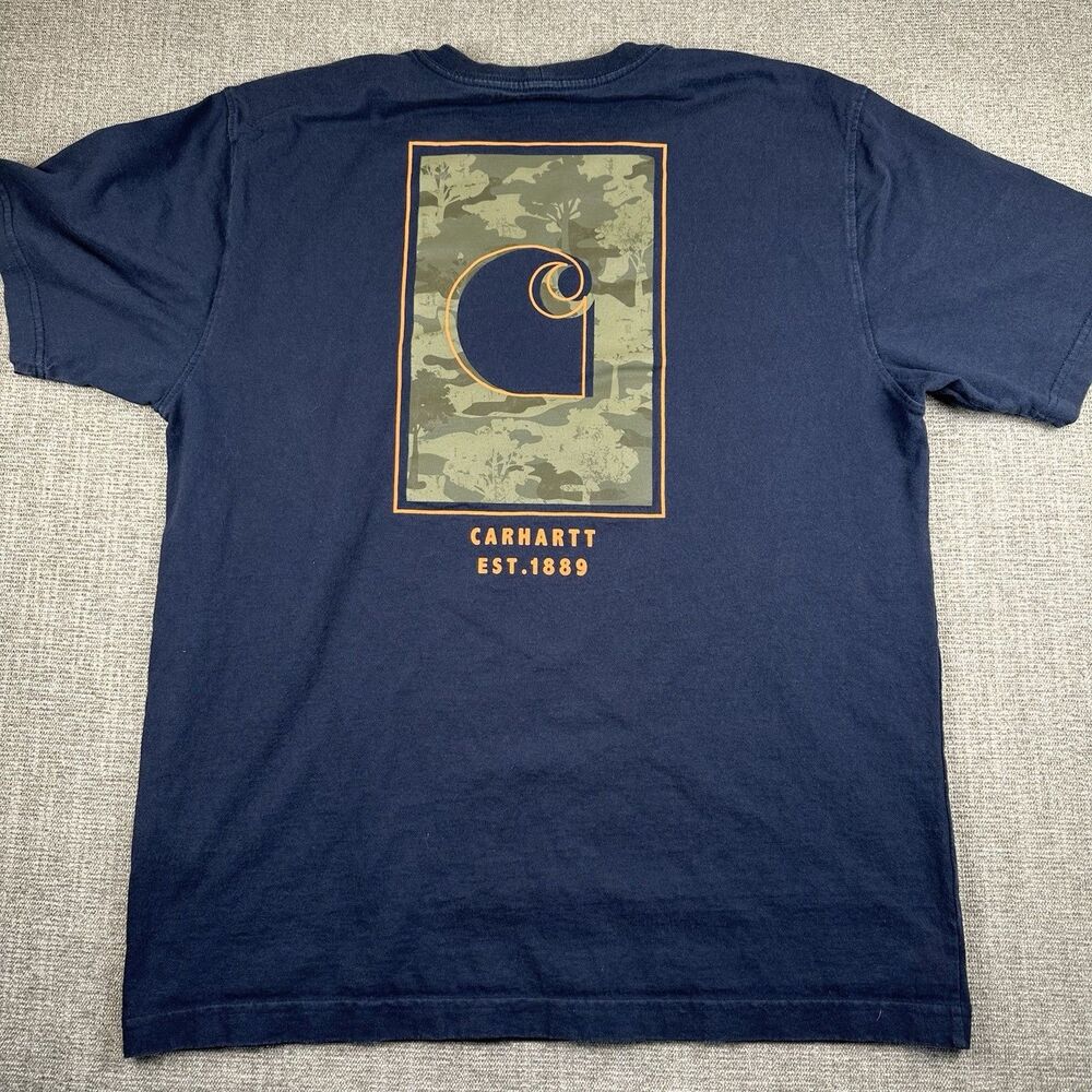 Carhartt Pocket T-Shirt Mens M Navy Loose Fit Workwear Camo Logo Back Graphic